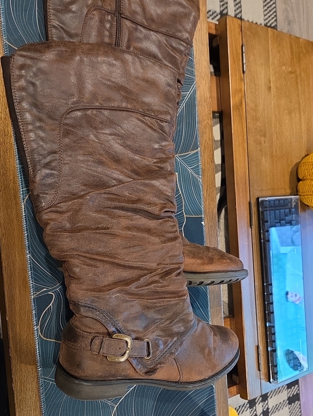 Slouchy Brown Mid-Calf Heeled Boots with Buckle Accent